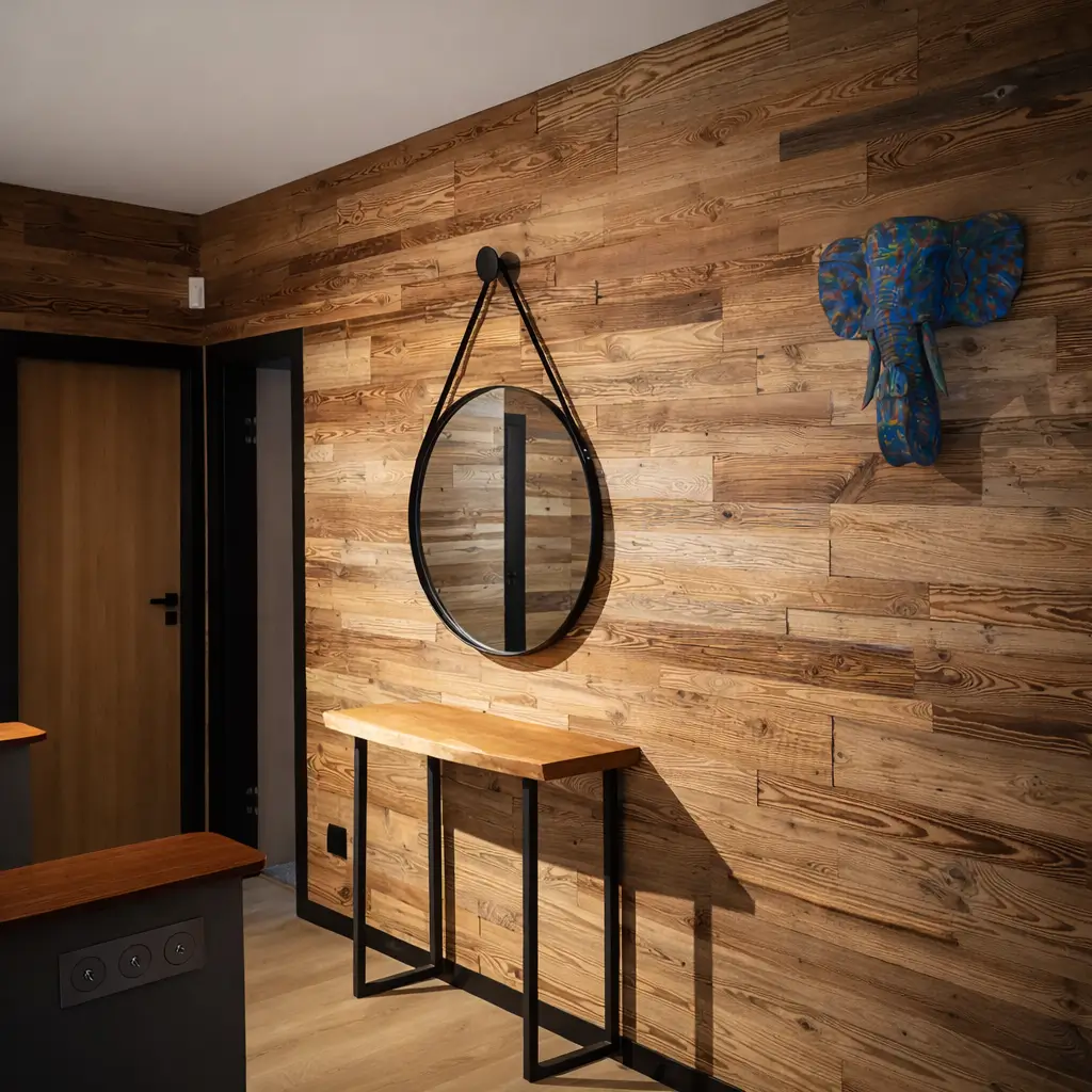 przedpokój po remoncie z drewnianą ścianą dekoracyjną