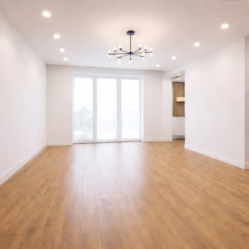 Salon po remoncie w Poznaniu – jasne ściany, nowa podłoga i nowoczesne oświetlenie sufitowe